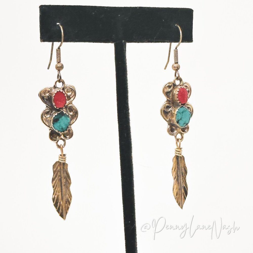 Vintage Red & Turquoise Bead w/ Feather Swirls Dangle Earrings - Picture 2 of 6